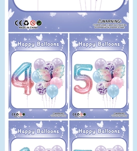 Detail of butterfly-themed birthday balloon set packaging with purple number 4 and 5