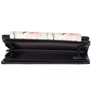 Detail view showing internal zipper compartments of women long wallet with floral patterns