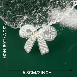 Detail of white embroidered mesh bow lace patch with dimensions for DIY sewing