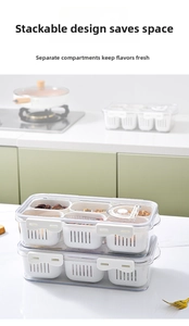 Stackable plastic storage box with transparent lid, six compartments, and white drain baskets