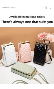 Detailed view of quilted crossbody phone bags in white, pink, black, and sage green