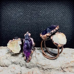 Vintage Natural Amethyst Green Crystal Raw Stone Ring Irregular Handmade Bronze Plated Adjustable Open Finger Jewelry