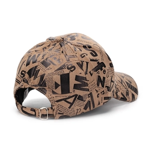 Khaki newspaper print baseball cap with vintage lettering and metal buckle closure