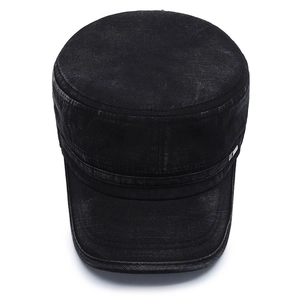 Classic washed black cotton cadet cap with vintage flat top and metallic side logo detail