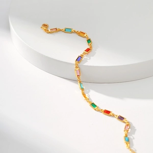 Handmade 18K gold plated chain bracelet with colorful rectangular acrylic gemstones