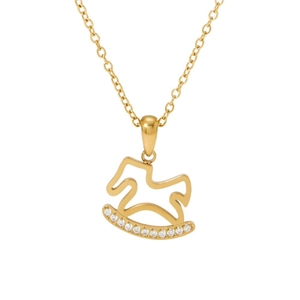 Polished gold rocking horse necklace with sparkling crystals on a sleek link chain