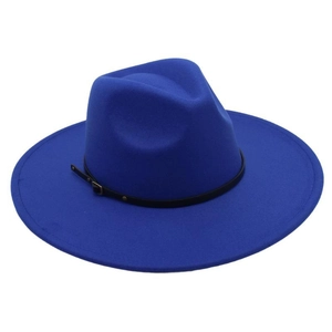 Detailed view of royal blue fedora hat with black leather belt buckle band decoration