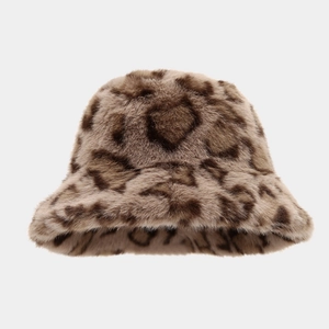 Close-up of thick leopard print faux fur bucket hat showing soft texture and fluffy pile