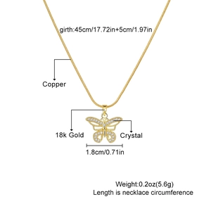 Detailed dimensions of gold butterfly pendant necklace with 18k gold plating and crystals
