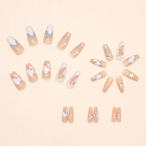 Pink and grey trapezoid press-on nails with glitter stars and sparkling rhinestones
