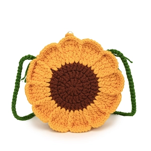 Handmade crochet sunflower shoulder bag with yellow petals and green knitted strap