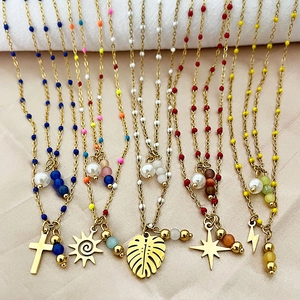 Gold Plated Stainless Steel Layered Pendant Necklace Cat Eye Stone Artificial Pearls Colorful Beads Vintage Bohemian Style Women