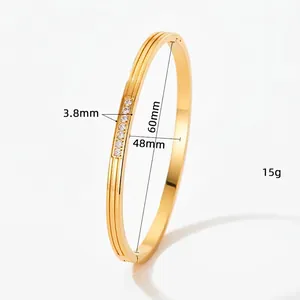 Gold stainless steel oval bangle with striped zircon inlay and 3.8mm width detail