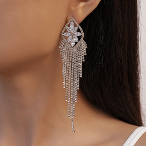 Luxurious silver tassel earrings with geometric flower and zircon fringe drop