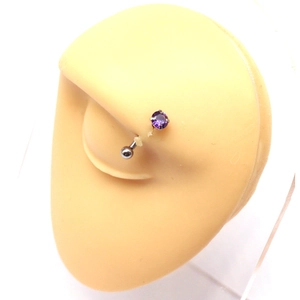Minimalist stainless steel curved barbell eyebrow ring with a sparkling purple zircon stone