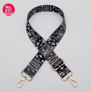 Close-up of No.621 adjustable strap with gold hooks and black white ethnic pattern