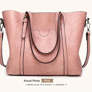 Pink large capacity faux leather tote bag with top handle and adjustable shoulder strap