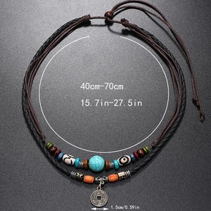 Vintage multi-layer turquoise beaded braided leather necklace with bronze coin pendant