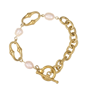18K gold plated titanium steel chain bracelet featuring elegant baroque pearls and T-bar clasp