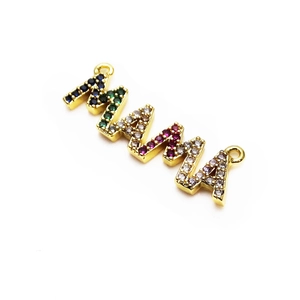 Detailed close-up of MAMA letter pendant featuring rainbow gradient cubic zirconia inlay