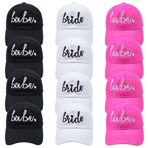 Set of 12 babe and bride embroidered baseball caps in black, white, and rose red colors