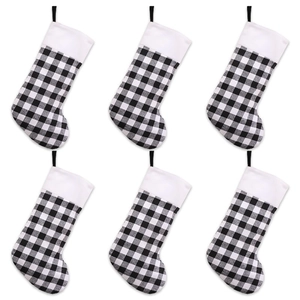 Set of six black and white buffalo plaid Christmas stockings with white plush cuffs