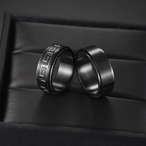 8mm black brushed titanium steel rings for men with Greek meander pattern in a gift box