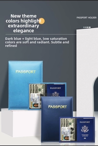 Detail of slim PU leather passport holders with functional card slots and dual blue tones