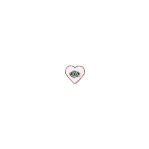 Detail of heart-shaped evil eye alloy charm with white enamel and golden metal edging