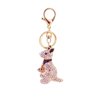 Sparkling kangaroo parent-child keychain with colorful rhinestones on golden metal base
