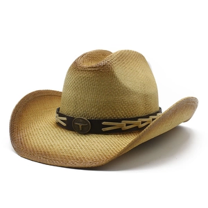 Wide brim western straw cowboy hat with vintage bull head emblem and woven texture