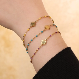 Three-piece gold stainless steel sun charm bracelets with colorful beads for women