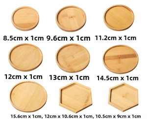 Macro shot of 9 natural bamboo coaster sets in various circular and hexagonal dimensions