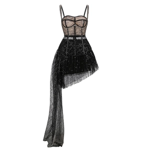 Elegant black sequin mesh corset dress with an asymmetric hem on a white background