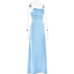 Detail view of the light blue strapless maxi dress with elegant waist pleats and slim fit
