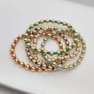 18K Gold Plated Copper Round Bead And Colorful Glass Seed Bead Elastic Bracelet For Women Stackable Bohemian Jewelry