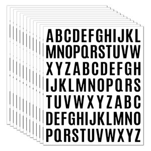 Stack of 10 sheets featuring bold black uppercase A-Z waterproof alphabet stickers