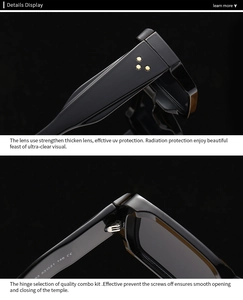 Detail of premium square sunglasses showing golden star rivets and durable metal hinges