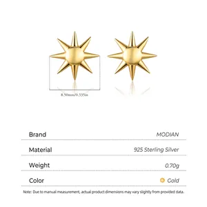 S925 sterling silver sunburst stud earrings in gold finish with 8.5mm diameter
