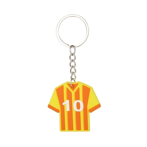 Yellow and orange PVC football jersey keychain with number 10 on white background