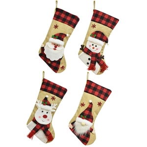 Set of 4 Christmas stockings with red plaid and 3D cartoon Santa, Snowman, and Reindeer