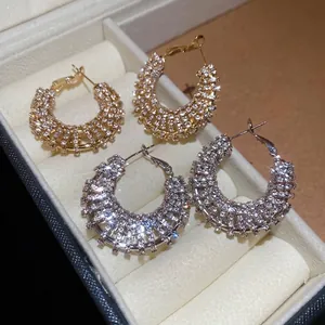 Elegant High-End Sparkly Rhinestone C-Shape Hollow Hoop Earrings With Silver Earring Post For Women Copper Jewelry