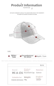 Detailed size chart for cotton baseball cap with brim depth and circumference dimensions