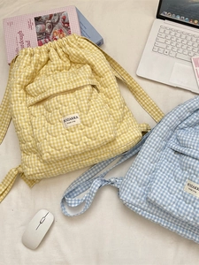 Quilted heart-patterned plaid drawstring backpack for students with laptop accessories