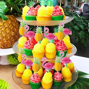 Tropical honeycomb flamingo and pineapple cupcake toppers for summer beach party decorations