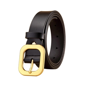 Classic black leather belt for women featuring a minimalist matte gold square buckle