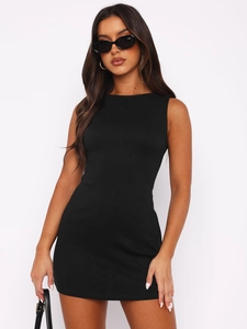 Robe Courte Moulante Sans Manches Pour Femmes Col Rond Haute Élasticité Couleur Unie Sexy Coupe Ajustée Été Clubwear