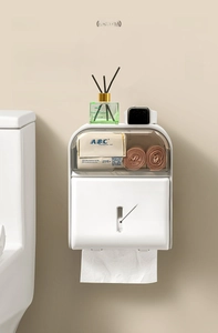 Wall-mounted bathroom tissue box with dual view windows and a top storage shelf