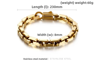 Close-up of golden stainless steel curb chain bracelet with measurements and weight