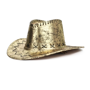 Close-up of golden western cowboy hat with black crackle finish and leather stitching